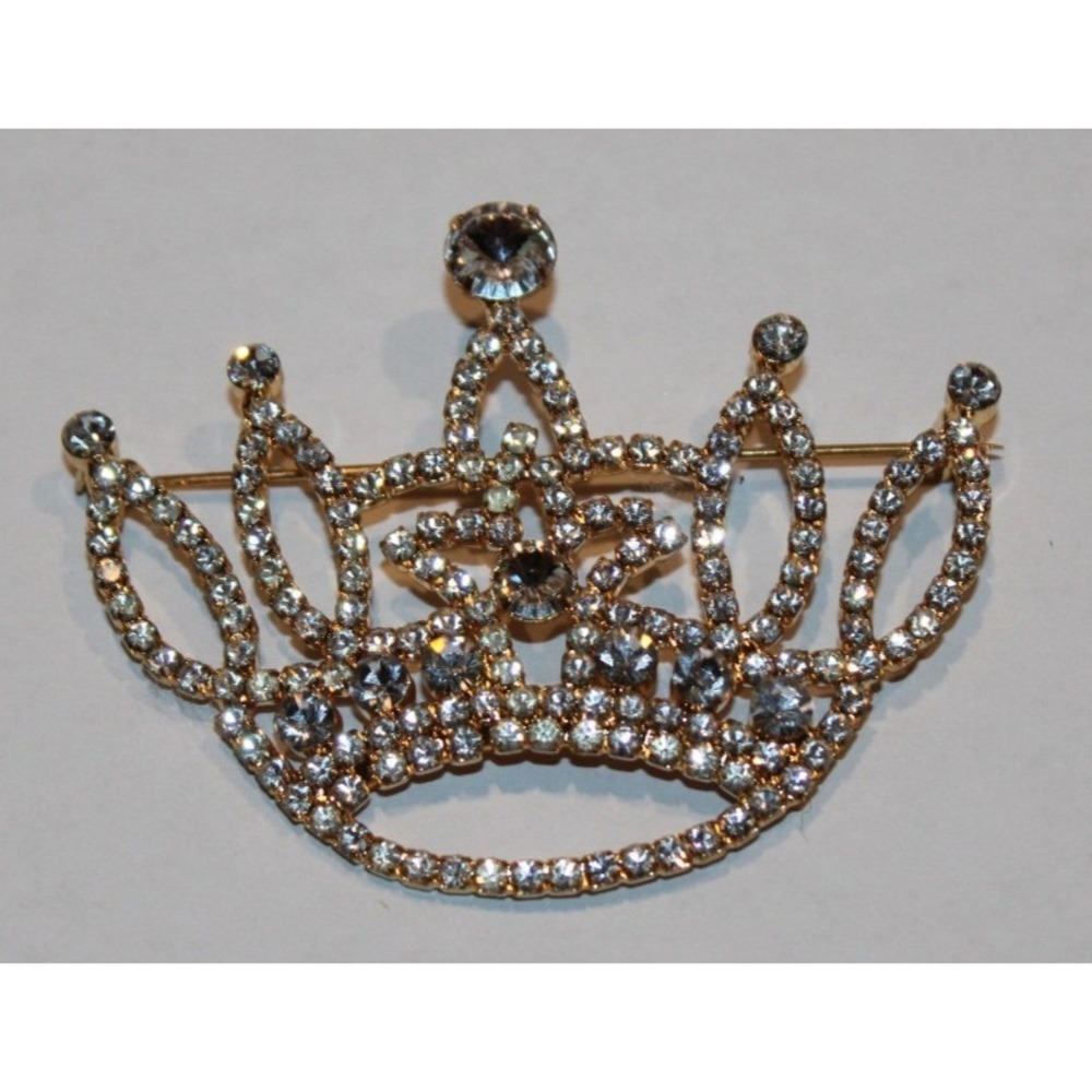 clear rhinestone crown tiara brooch pin gold tone crystal